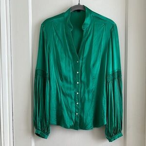Size M Emerald Silk Balloon Sleeve Blouse Workwear Formal Green Top